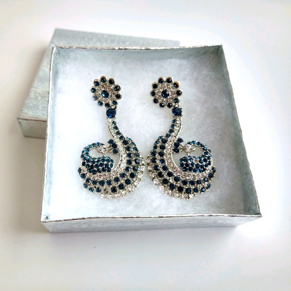 Navy Blue and White Peacock Earrings